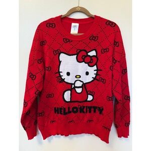 Hello Kitty Red Knit crew neck Sweater XL All Over Bow Pattern Crew Neck Cozy